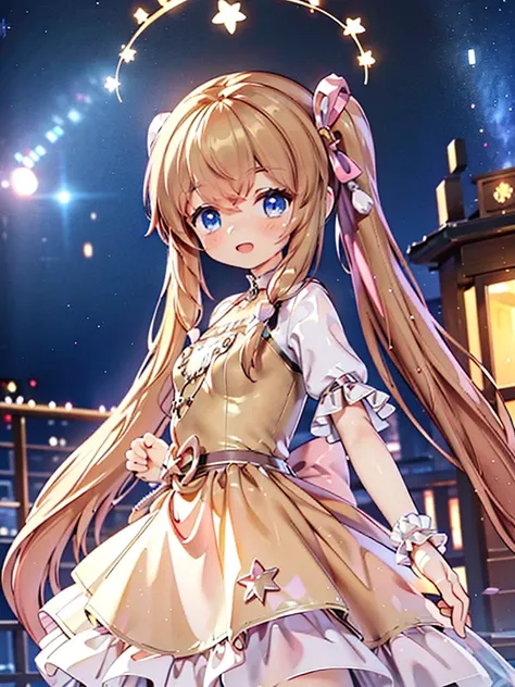 masterpiece, best quality, CG wallpaper, 8k, girl, solo cute, Blue eyes, brown twintail, (yellow dress), open mouth smile, look at the northern star, neon and led lights, side view
