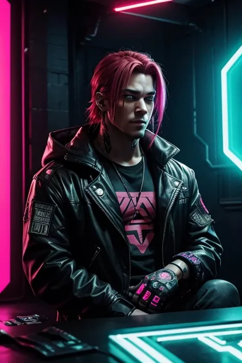 Cyberpunk Mercenary, Cyberpunk Bodyguard, Cyberpunk party in background with neon light display, in a room where a party is happening, party goer, red dyed hair, brightly colored clothing