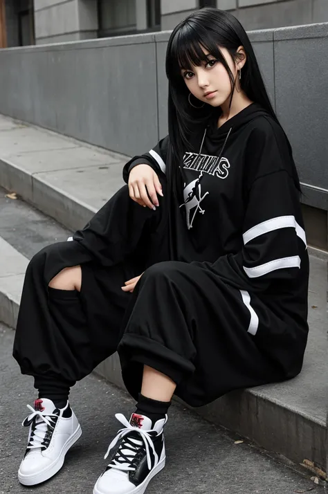 anime girl with black clothes and some jordans