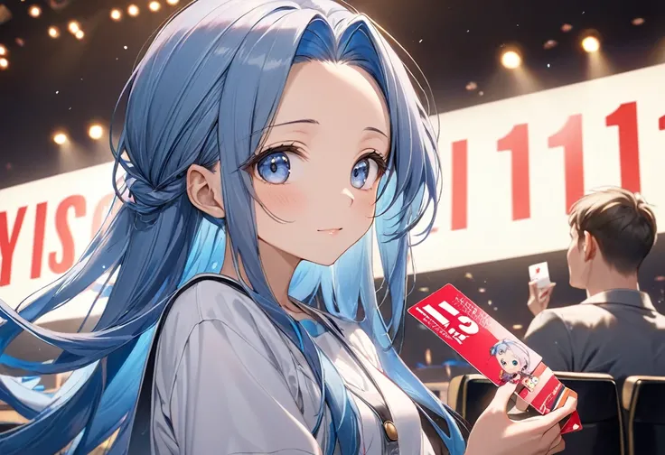 (Characters appear word of "1111"), (a forehead blue hair long hair cute girl, blue eyes, hand holding Number Card of "1111") on to cinema screen, BREAK, perfect anatomy, masterpiece, best quality, 16k, beautiful detailed cinema, daydreaming expression.