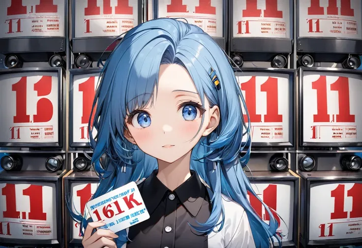 (Characters appear word of "1111"), (a forehead blue hair long hair cute girl, blue eyes, hand holding Number Card of "1111") on to cinema screen, BREAK, perfect anatomy, masterpiece, best quality, 16k, beautiful detailed cinema, daydreaming expression.