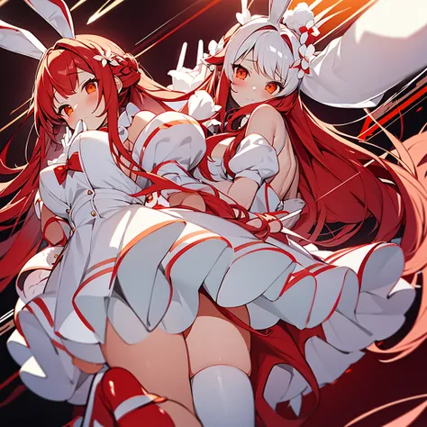 1bunny girl, bunny ears, red hair one long braid, white flower on the head, orange eyes, shy face, white blouse, red dress, white gloves, long white stockings, red shoes, red bag, big breasts, big ass