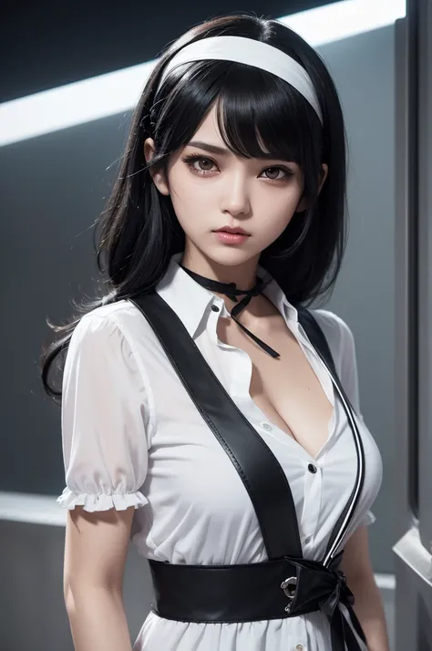 Free fire character with black hairband, black mask, white blouse, white eyes and a ribbon in her hair 