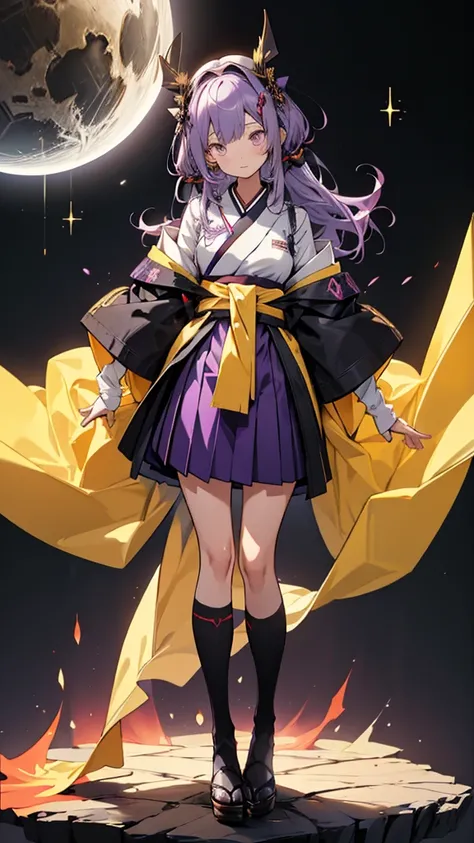 skinny girl, ultra high definition, very detailed, shuriken, shot, bundled hair, whole body, traditional Japanese outfit, short skirt, 23 years old, destroyed planet background, two tone hair (black, purple), Chengan, beautiful eyes, golden ratio