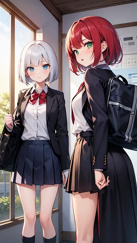 "Three 17 year old girls. The first has long yellow hair and green eyes.. The second has white Bob hair and blue eyes. The third has long red hair and red eyes.. The three are standing, wearing school uniforms. The background is a high school."