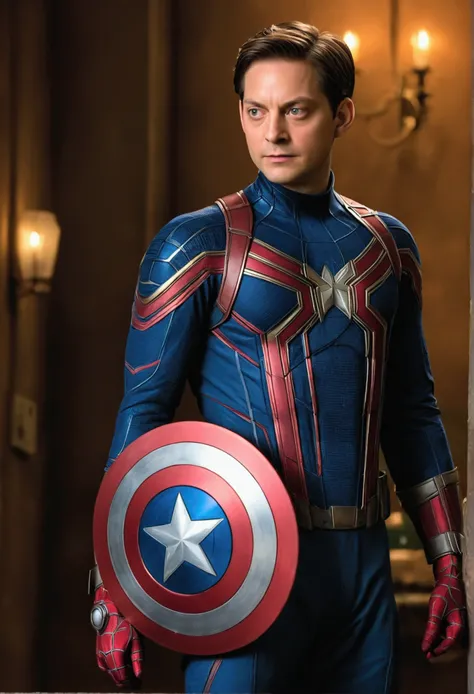 Tobey Maguire&#39;s Spider-Man holding Captain America&#39;s shield, he is in Sanctum Santoro, realistic, detailded, concept art