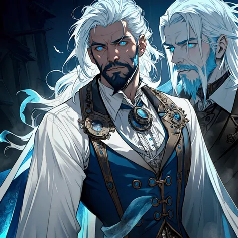 a sexy athletic lithe male with long white hair and a scruffy beard, glowing blue eyes and a ghostly look to him, wearing a steampunk inspired victorian outfit, transparent flesh, ghost flesh, photo realistic, masterpiece, showing chest