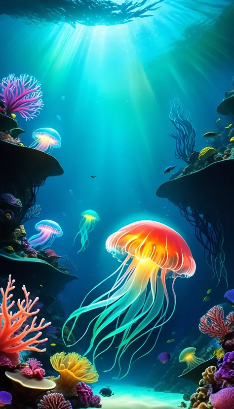 a serene underwater world, alien aquatic lifeforms, bioluminescent sea creatures, vibrant coral reefs, otherworldly flora and fa...