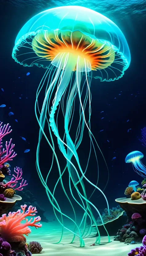 a serene underwater world, alien aquatic lifeforms, bioluminescent sea creatures, vibrant coral reefs, otherworldly flora and fa...