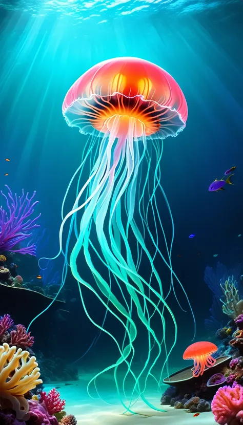 a serene underwater world, alien aquatic lifeforms, bioluminescent sea creatures, vibrant coral reefs, otherworldly flora and fa...