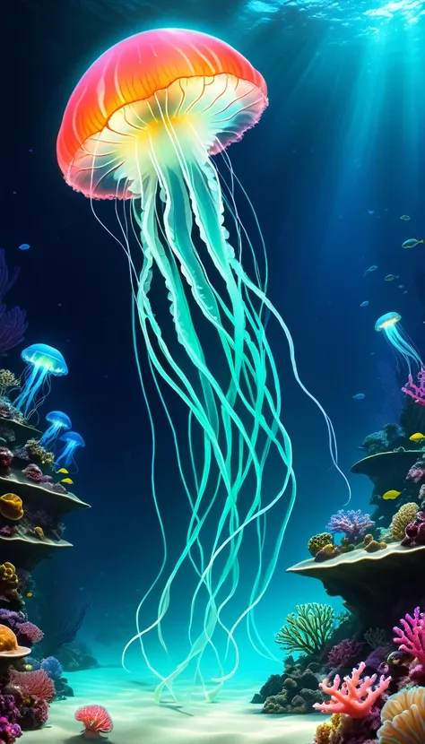 a serene underwater world, alien aquatic lifeforms, bioluminescent sea creatures, vibrant coral reefs, otherworldly flora and fa...