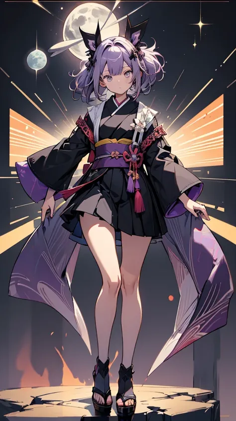 skinny girl, ultra high definition, very detailed, shuriken, shot, bundled hair, whole body, traditional Japanese outfit, short skirt, 23 years old, destroyed planet background, two tone hair (black, purple), Chengan, beautiful eyes