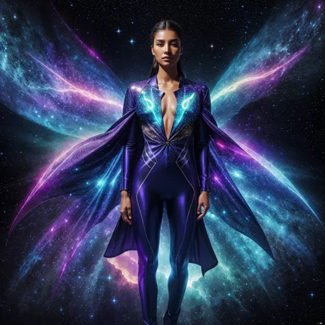 Inspired by cosmic entities, this suit shimmers with galaxy patterns and emits soft glowing light. It grants the wearer celestial powers like energy manipulation and flight.