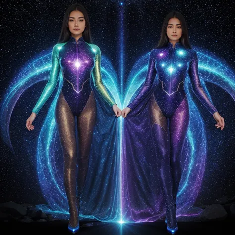 Inspired by cosmic entities, this suit shimmers with galaxy patterns and emits soft glowing light. It grants the wearer celestial powers like energy manipulation and flight.