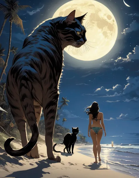 A giant cat stalks a bikini clad woman, beach by moonlight