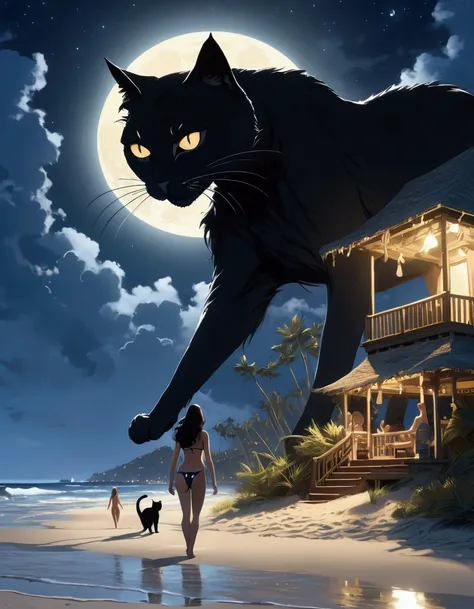 A giant cat stalks a bikini clad woman, beach by moonlight