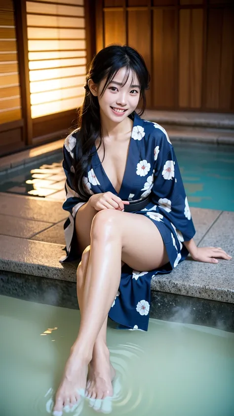 masterpiece, Highest quality, Realistic, 1 girl, Open-air hot spring, Yukata figure, Wear a yukata and enter the hot springs, Drenched yukata, A woman wearing a yukata, Beautiful long hair, Big Ass, , Realistic美しいlegs,, Sit with your legs wide apart, baref...