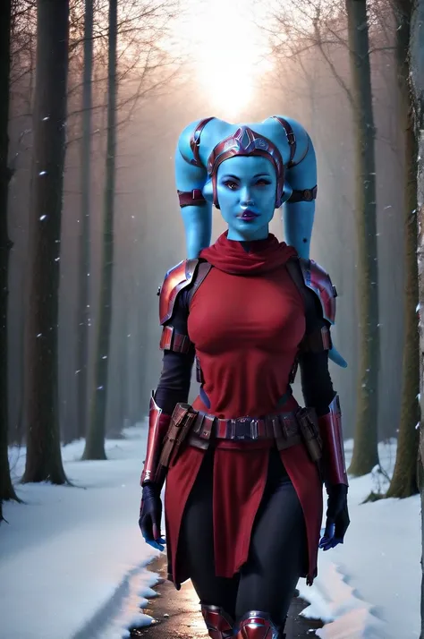 a ((fall body)) ((female twilek ))mandalorian,walking on snow, beautiful detailed eyes, beautiful detailed lips, extremely detailed face, long eyelashes, mandalorian armor, sci-fi, cinematic lighting, dramatic, epic, intricate details, hyper-realistic, 8k,...