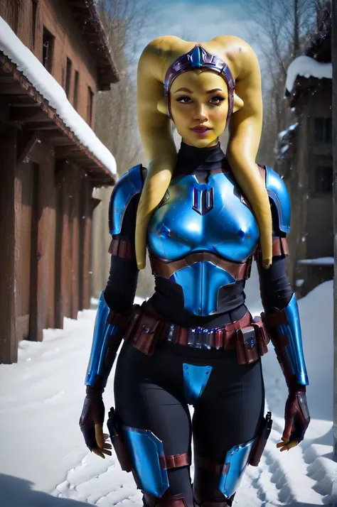 a ((fall body)) ((female twilek ))mandalorian,walking on snow, beautiful detailed eyes, beautiful detailed lips, extremely detailed face, long eyelashes, mandalorian armor, sci-fi, cinematic lighting, dramatic, epic, intricate details, hyper-realistic, 8k,...