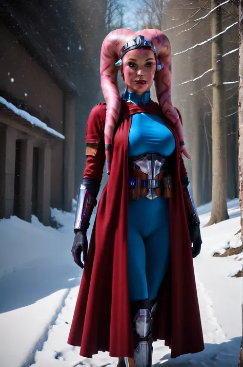 a ((fall body)) ((female twi'lek ))mandalorian,walking on snow, beautiful detailed eyes, beautiful detailed lips, extremely deta...