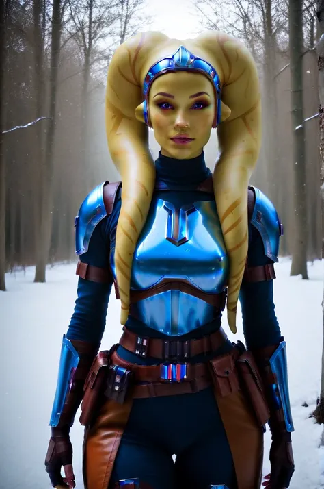 a ((fall body)) ((female twilek ))mandalorian,walking on snow, beautiful detailed eyes, beautiful detailed lips, extremely detailed face, long eyelashes, mandalorian armor, sci-fi, cinematic lighting, dramatic, epic, intricate details, hyper-realistic, 8k,...