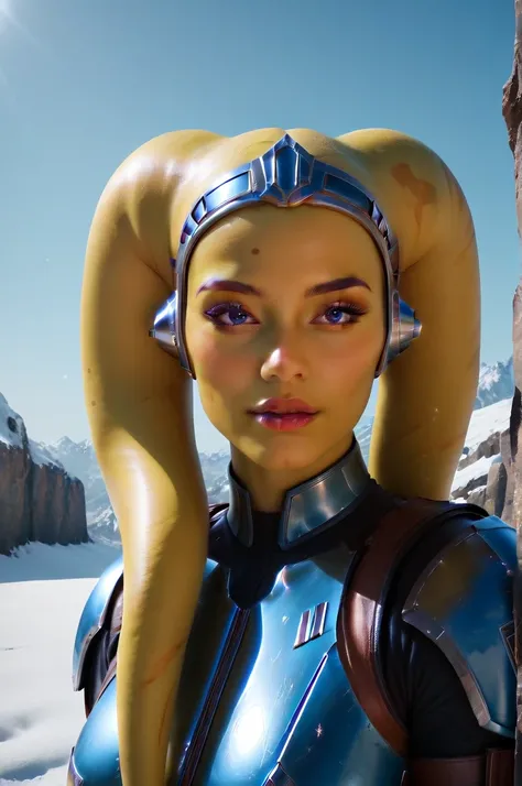 a ((fall body)) ((female twi'lek ))mandalorian,walking on snow, beautiful detailed eyes, beautiful detailed lips, extremely deta...