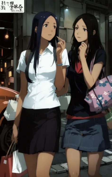 two young beauty women hang out together along shopping district, japanese anime style illustration, Makoto Shinkai style