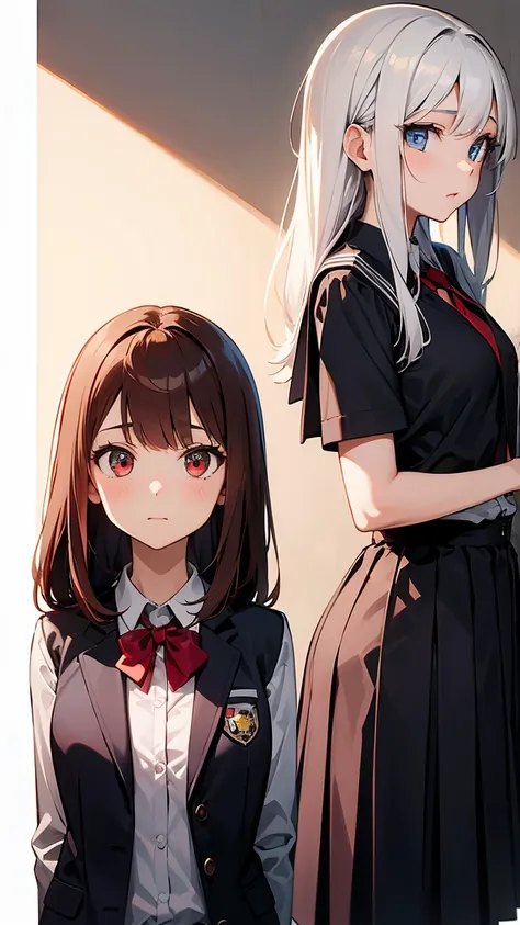 "Three 17 year old girls. The first has long yellow hair and green eyes.. The second has white Bob hair and blue eyes. The third has long red hair and red eyes.. The three are standing, wearing school uniforms. The background is a high school."