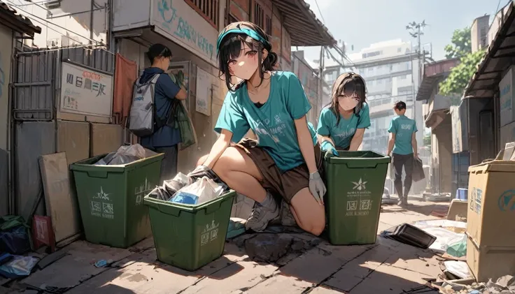 masterpiece, Highest quality, View your viewers,
Young men and women in their 20s placing solid waste containers in various locations.Volunteer Activities、A Kind World