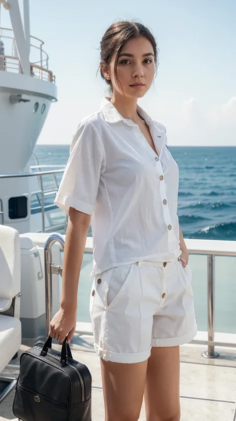 woman standing near by sea port, white shirt with buttons, black short pants, open sea, modern cruise ship, hair blowout, 