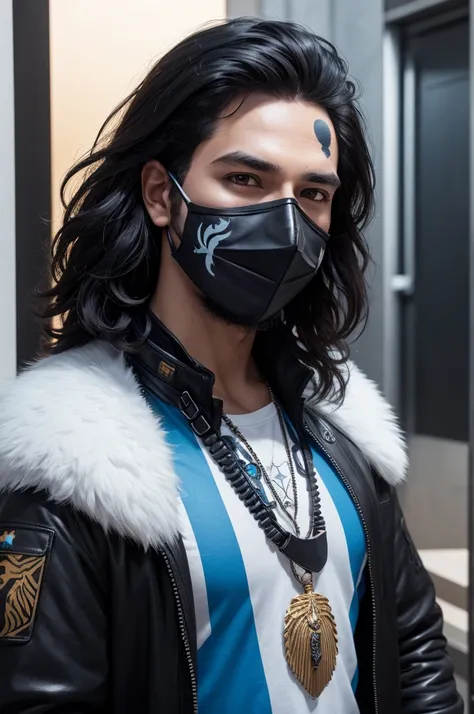 Create a free fire character with super black Kalahari hair, Arctic blue mask, face paint, Leon amulet, White prosperity shirt, top male character