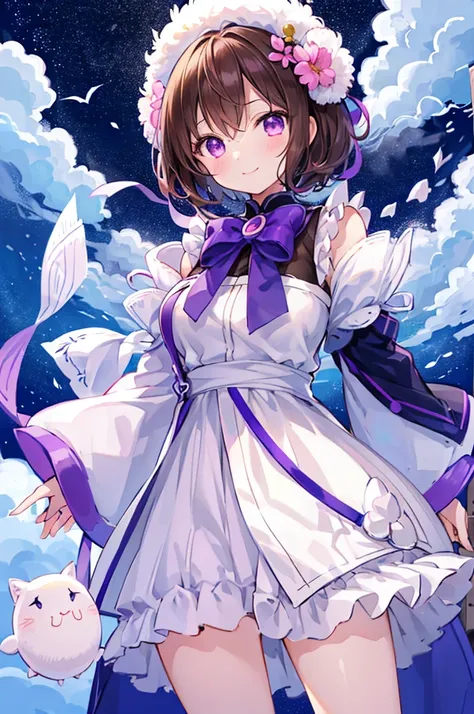 Mofumofu、Oxytocin、(最high quality), (Round face: 1), 1 girl, (Skin with attention to detail: 1.2), (Puffy eyes),  smile, Soft lighting, high quality,  Short Hair,Purple eyes、Brown Hair、 Super huge 、