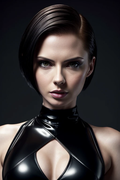 Gorgeous european woman with short hair, wet hair, hair slicked back, combed straight back, slick hair, streaked black hair, seductive pose, karen gillan, dressed as aeon flux, cleavage, solid dark grey background