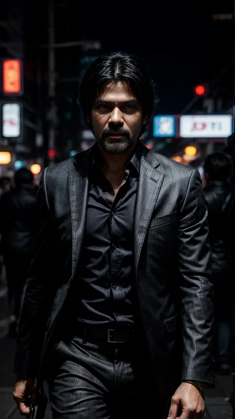 (Highest quality, Ultra HD, 16k, Masterpiece) Pawan Kalyan, portraying a character akin to John Wick, strides with purpose through the neon-lit streets of Tokyo at night. The shot is a medium view that captures him and the vibrant cityscape around him. Paw...