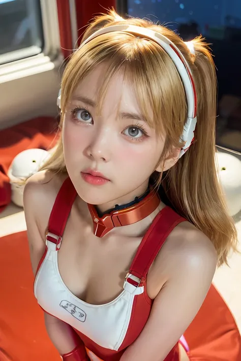 (Overhead view),dynamic angle,ultra-detailed, illustration, close-up, straight on, 1girl, 
 ((souryuu asuka langley, interface headset, red bodysuit:1.4, blonde)),Her eyes shone like dreamy stars,(glowing eyes:1.233),(beautiful and detailed eyes:1.1),(expr...