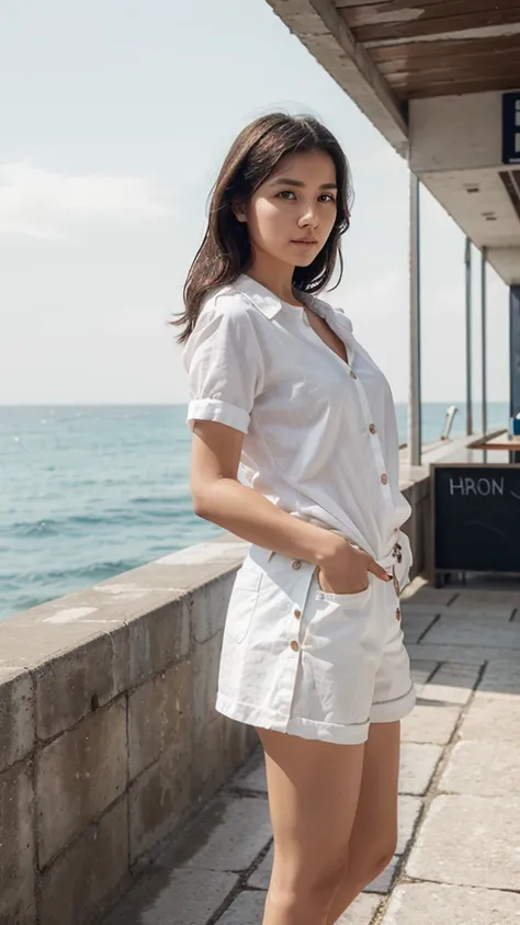 woman standing near by sea port, white shirt with buttons, black short pants, open sea, hair blowout, cafe, 