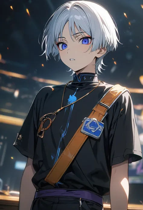 1 male, short hair, white hair, blue eyes, young teenager, scaramouche outfit, (best quality,4k,highres,masterpiece:1.2)