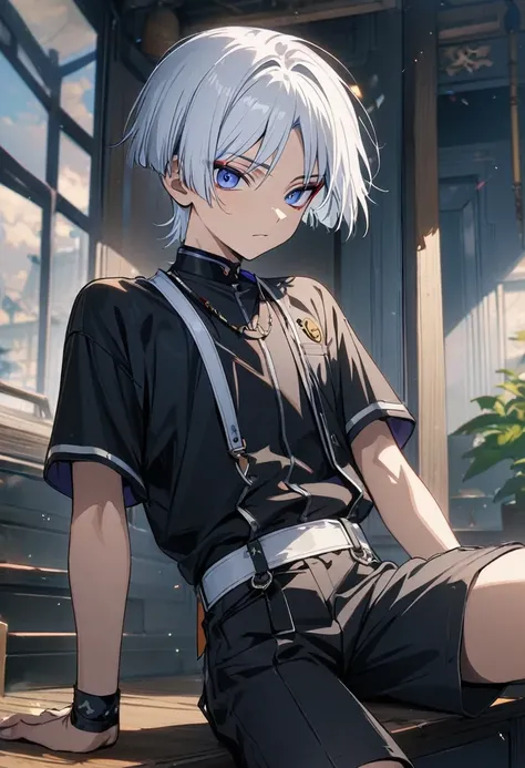 1 male, short hair, white hair, blue eyes, young teenager, scaramouche outfit, (best quality,4k,highres,masterpiece:1.2)