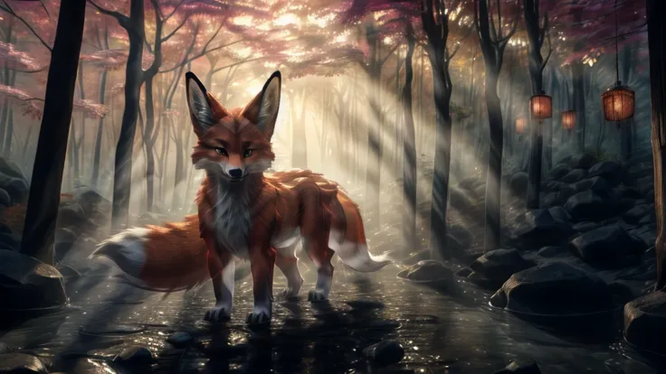 beautiful japanese landscape, high definition, beautiful japanese kitsune, kitsune on fire, finely detailed, cunning bitch, fox ...