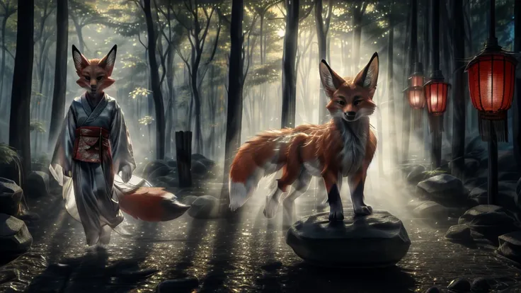 beautiful japanese landscape, high definition, beautiful japanese kitsune, kitsune on fire, finely detailed, cunning bitch, fox ...