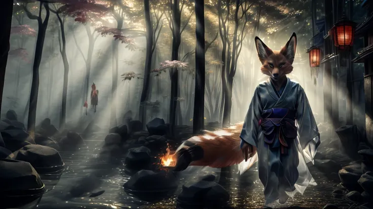 beautiful japanese landscape, high definition, beautiful japanese kitsune, kitsune on fire, finely detailed, cunning bitch, fox ...