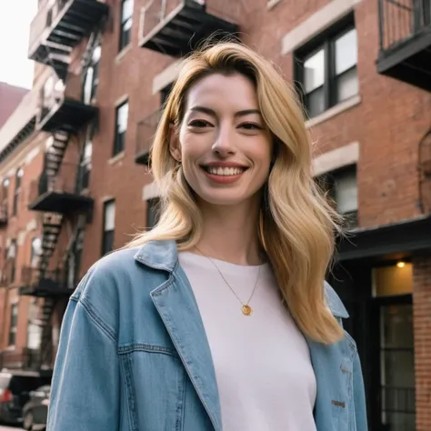 A beautiful face cute blonde Japanese woman, still from the film, (Anne Hathaway look alike face: 0.9), happy smile, in a streetwear, 3D render, in front of a brooklyn apartment, new york, symmetry, brown and black pastel colors, Leica SL3, Summicron-SL 75...