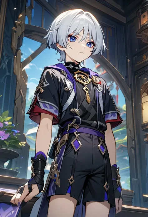 1 male, short hair, white hair, blue eyes, young teenager, scaramouche (genshin impact) outfit, (best quality,4k,highres,masterpiece:1.2), fantasy