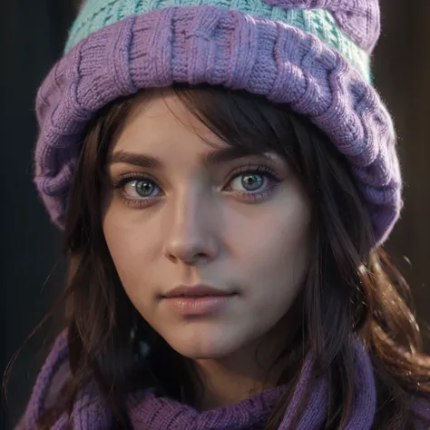 Photo, attractive young woman, detailed eyes, Argentine factions, purple and light blue wool cap, purple wool bow, Brown hair.