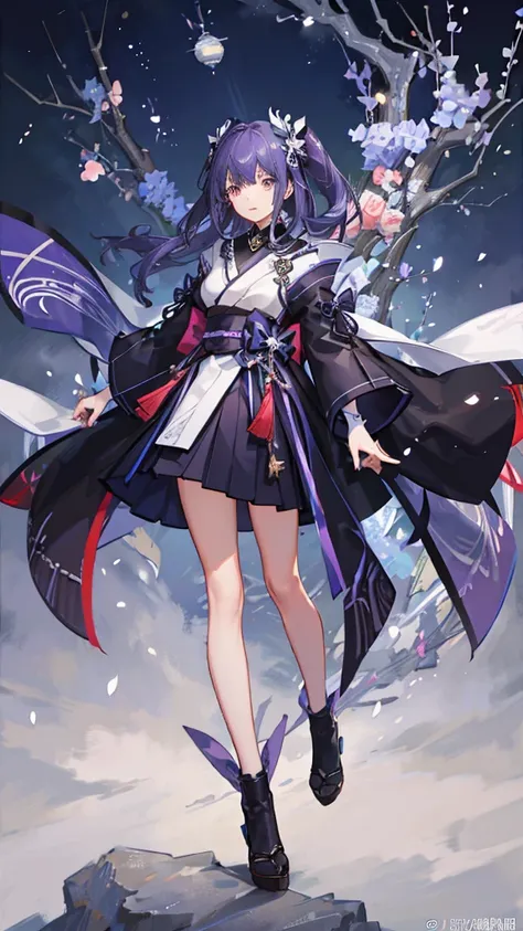 skinny girl, ultra high definition, very detailed, shuriken, shot, bundled hair, whole body, traditional Japanese outfit, short skirt, 23 years old, destroyed planet background, two tone hair (black, purple), Chengan, beautiful eyes, Adult