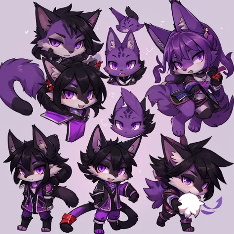 Generate an image from a ,with cat ears,wavy black fur,sharp purple eyes,generate a png image of tuber with other expressions in chibi format