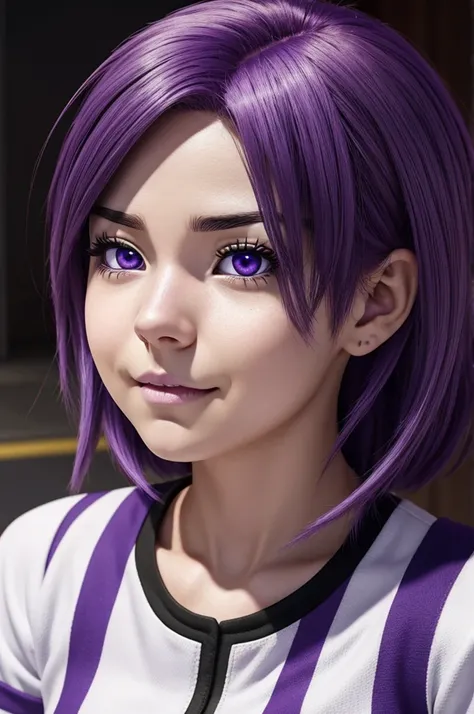 Screenshot of my hero academia.
A girl with old purple hair white skin bright brown eyes tender puppy expression and 