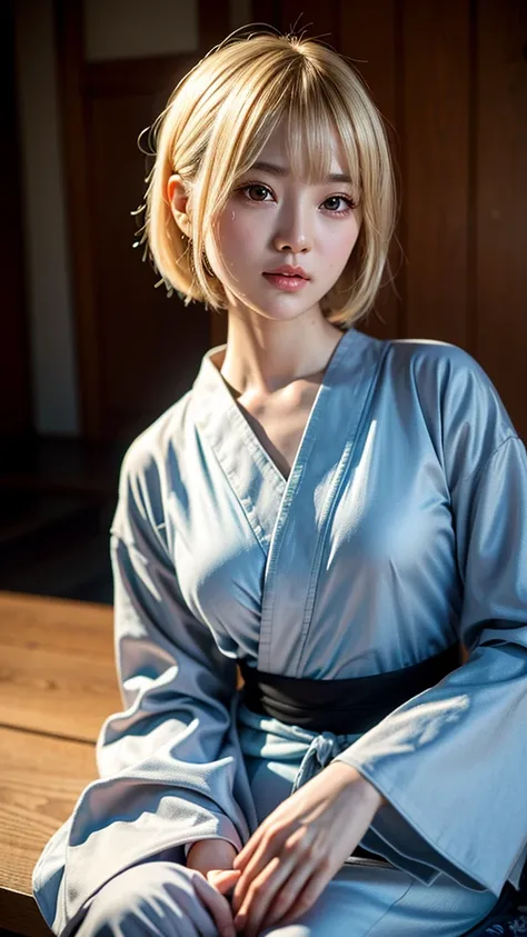 (8k, RAW Photos:1.2), Detailed face and eyes,最high quality, Ultra-high resolution, Very detailed ,Intricate details ,Tabletop ,pretty girl , Soft cinematic light, Hyper Detail,Sharp focus, high quality, Blonde, Bobcut, yukata,  outside