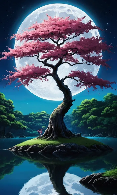 anime landscape, a cherry tree, in the center of a small island, surrounded by a lagoon, inside a lush forest, on the night of the full moon