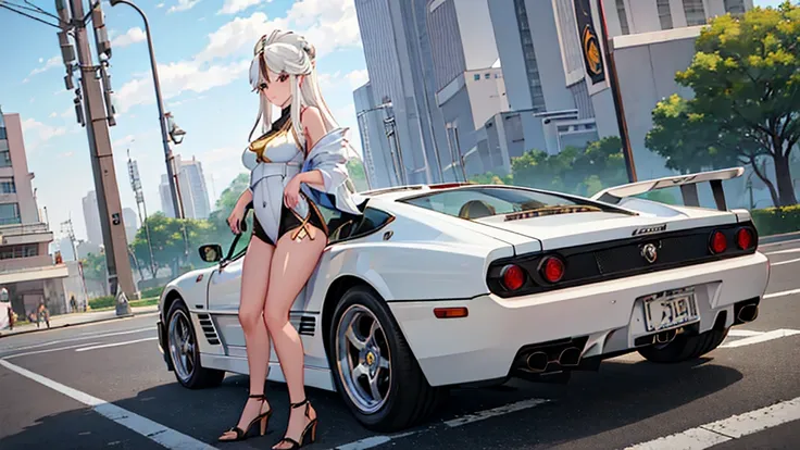 1girl, solo, full body, ningguang from genshin impact stands next to her white vintage ferrari testarossa, plain white backgroun...